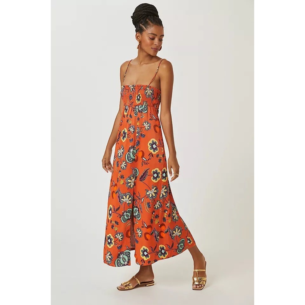 Anthropologie‎ Maeve Orange Floral Cross-Back Maxi Dress Size XXS
